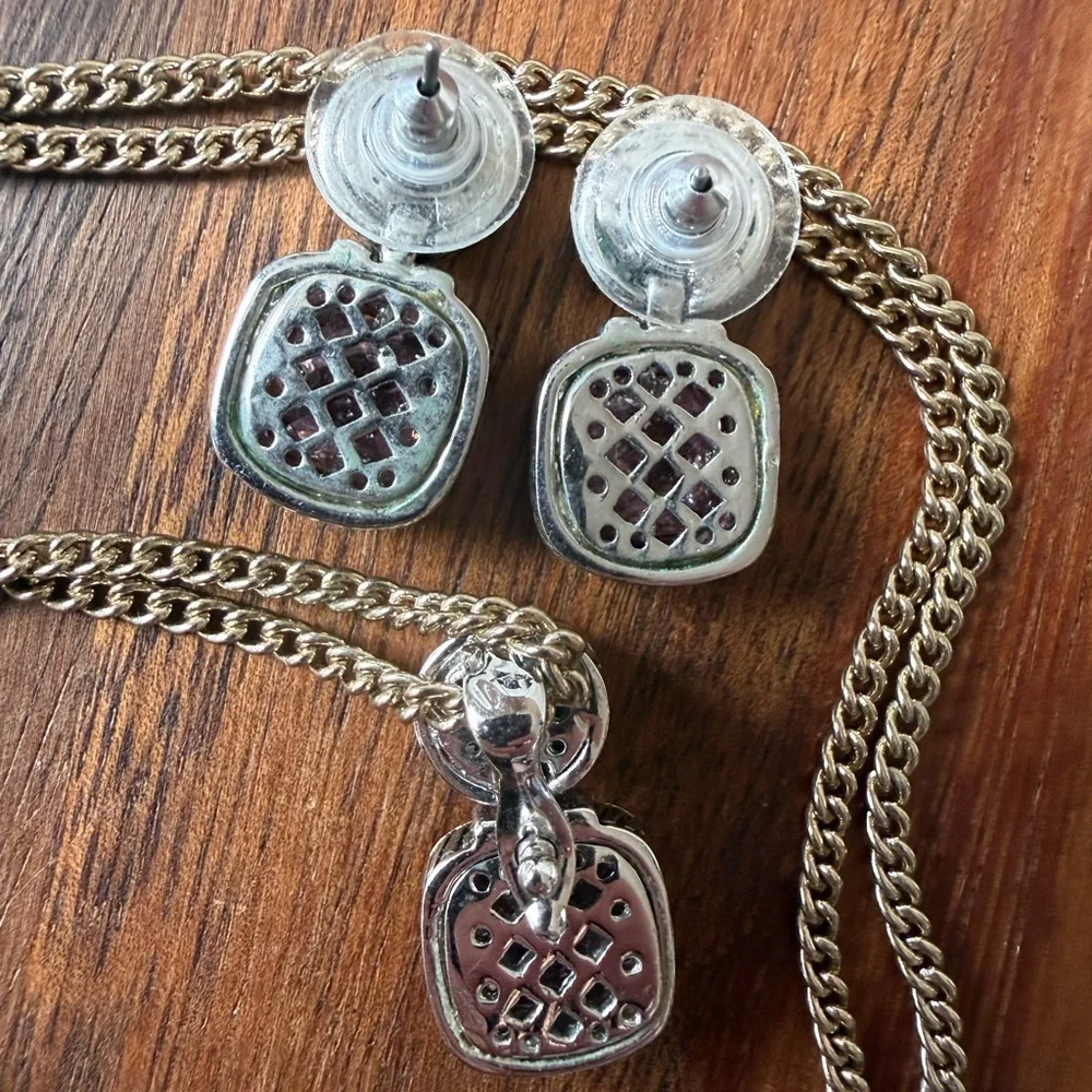 Silver and Gold Tone Necklace Pendant and Pierced Earrings Pink Jewelry Set